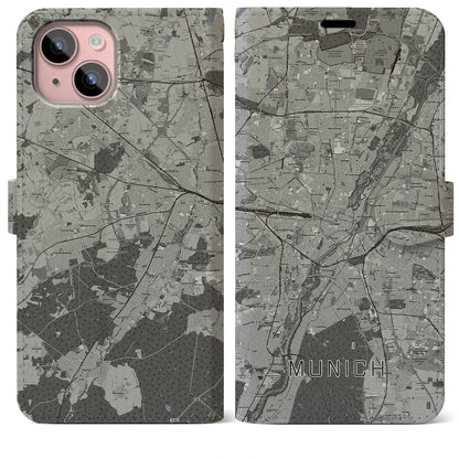 【ミュンヘン（ドイツ）】地図柄iPhoneケース（手帳タイプ）モノトーン・iPhone 15 Plus 用