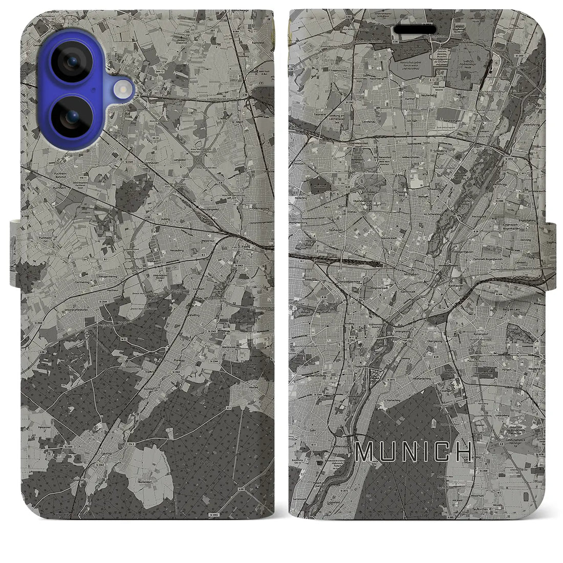 【ミュンヘン(ドイツ)】地図柄iPhoneケース(手帳タイプ)モノトーン・iPhone 16 Pro Max 用