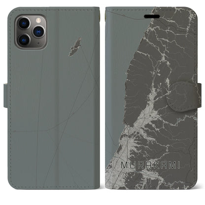 【村上（新潟県）】地図柄iPhoneケース（手帳タイプ）モノトーン・iPhone 11 Pro Max 用