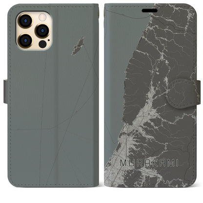 【村上（新潟県）】地図柄iPhoneケース（手帳タイプ）モノトーン・iPhone 12 Pro Max 用