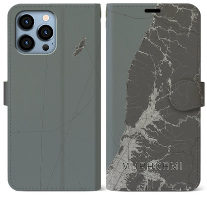 【村上（新潟県）】地図柄iPhoneケース（手帳タイプ）モノトーン・iPhone 13 Pro Max 用