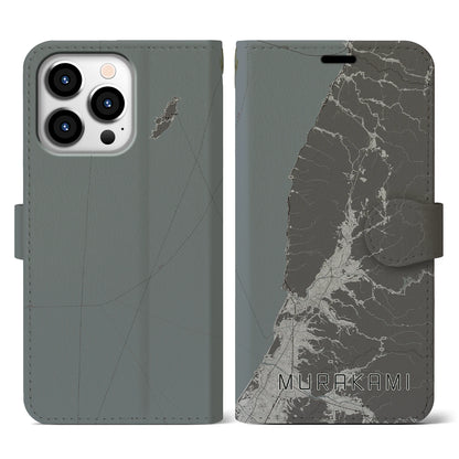 【村上（新潟県）】地図柄iPhoneケース（手帳タイプ）モノトーン・iPhone 13 Pro 用