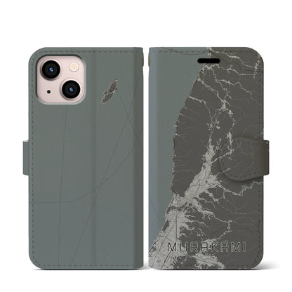 【村上（新潟県）】地図柄iPhoneケース（手帳タイプ）モノトーン・iPhone 13 mini 用