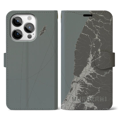 【村上（新潟県）】地図柄iPhoneケース（手帳タイプ）モノトーン・iPhone 14 Pro 用