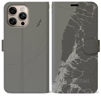 【村上（新潟県）】地図柄iPhoneケース（手帳タイプ）モノトーン・iPhone 16 Plus 用