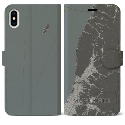【村上（新潟県）】地図柄iPhoneケース（手帳タイプ）モノトーン・iPhone XS Max 用