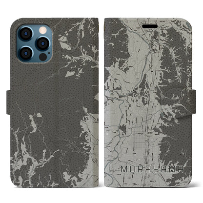 【村山（山形県）】地図柄iPhoneケース（手帳タイプ）モノトーン・iPhone 12 / 12 Pro 用