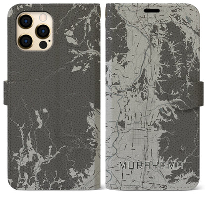【村山（山形県）】地図柄iPhoneケース（手帳タイプ）モノトーン・iPhone 12 Pro Max 用
