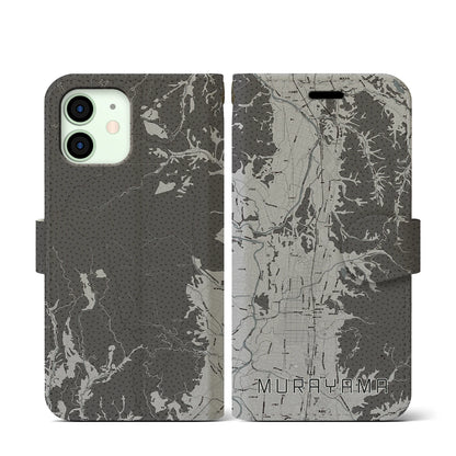 【村山（山形県）】地図柄iPhoneケース（手帳タイプ）モノトーン・iPhone 12 mini 用