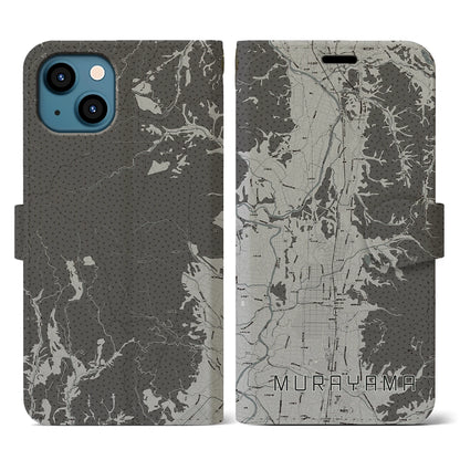 【村山（山形県）】地図柄iPhoneケース（手帳タイプ）モノトーン・iPhone 13 用