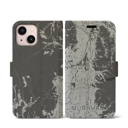 【村山（山形県）】地図柄iPhoneケース（手帳タイプ）モノトーン・iPhone 13 mini 用