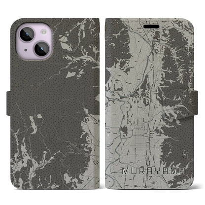 【村山（山形県）】地図柄iPhoneケース（手帳タイプ）モノトーン・iPhone 14 用