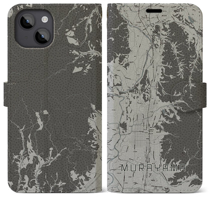【村山（山形県）】地図柄iPhoneケース（手帳タイプ）モノトーン・iPhone 14 Plus 用