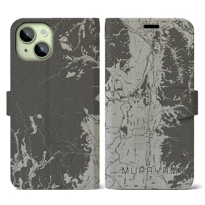 【村山（山形県）】地図柄iPhoneケース（手帳タイプ）モノトーン・iPhone 15 用