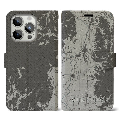 【村山（山形県）】地図柄iPhoneケース（手帳タイプ）モノトーン・iPhone 15 Pro 用