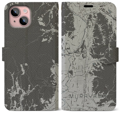 【村山（山形県）】地図柄iPhoneケース（手帳タイプ）モノトーン・iPhone 15 Plus 用