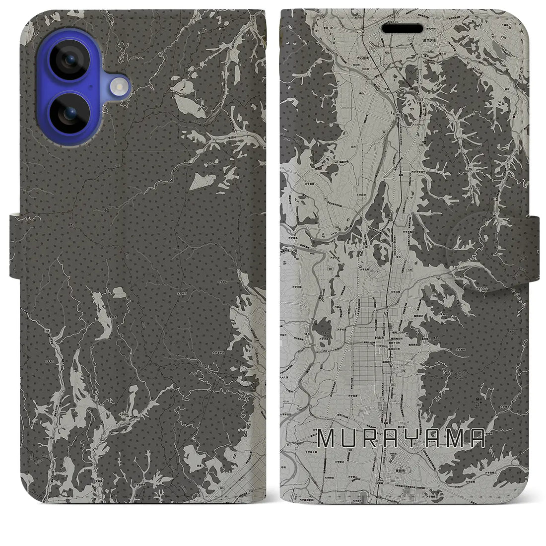 【村山(山形県)】地図柄iPhoneケース(手帳タイプ)モノトーン・iPhone 16 Pro Max 用