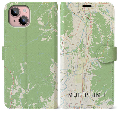 【村山（山形県）】地図柄iPhoneケース（手帳タイプ）ナチュラル・iPhone 15 Plus 用