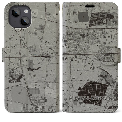 【武蔵小金井（東京都）】地図柄iPhoneケース（手帳タイプ）モノトーン・iPhone 14 Plus 用