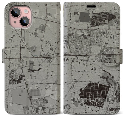 【武蔵小金井（東京都）】地図柄iPhoneケース（手帳タイプ）モノトーン・iPhone 15 Plus 用