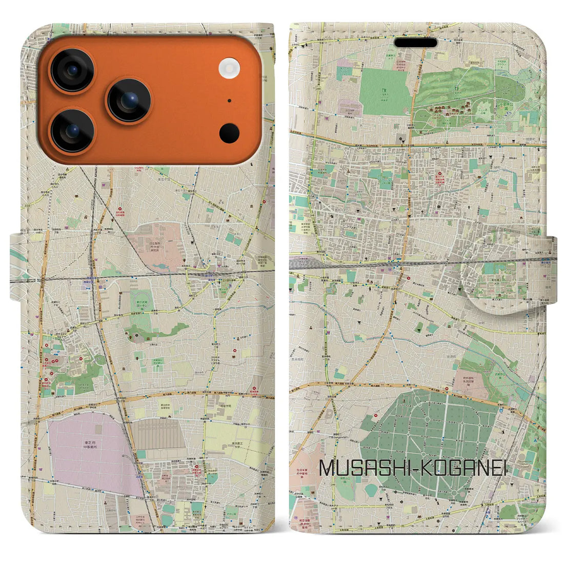 【武蔵小金井（東京都）】地図柄iPhoneケース（手帳タイプ）ナチュラル・iPhone 17 Pro Max 用