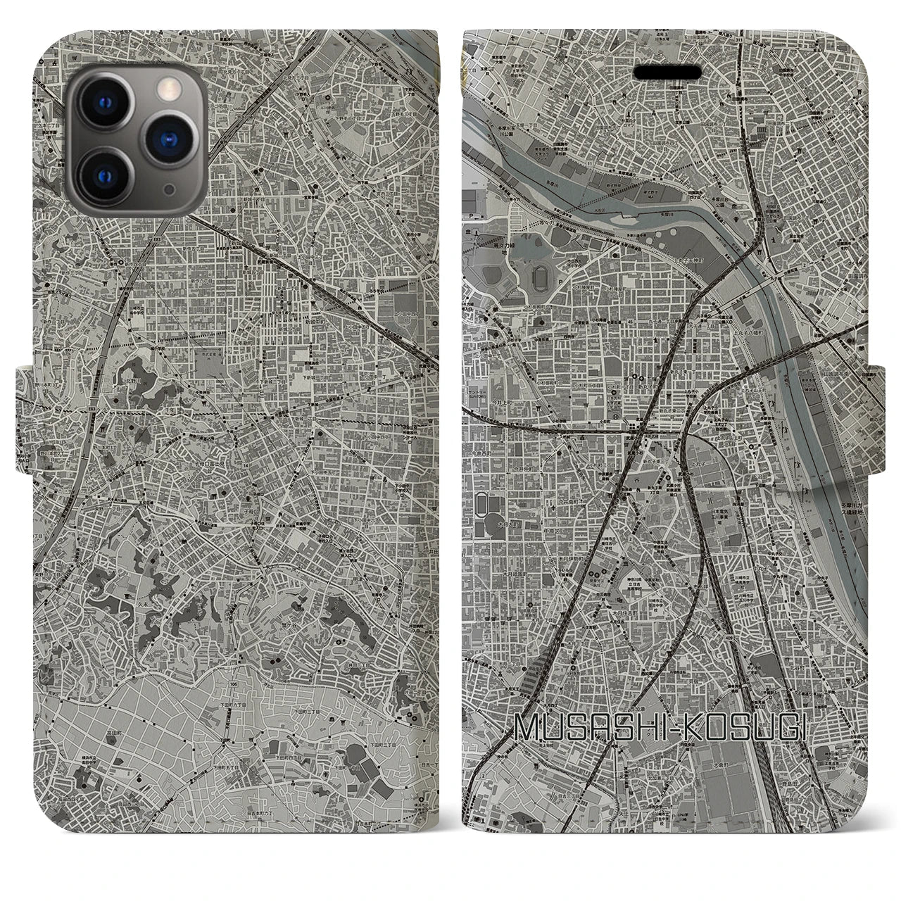 【武蔵小杉】地図柄iPhoneケース（手帳両面タイプ・モノトーン）iPhone 11 Pro Max 用