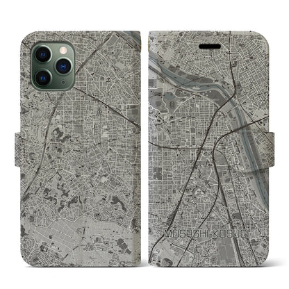 【武蔵小杉（神奈川県）】地図柄iPhoneケース（手帳タイプ）モノトーン・iPhone 11 Pro 用