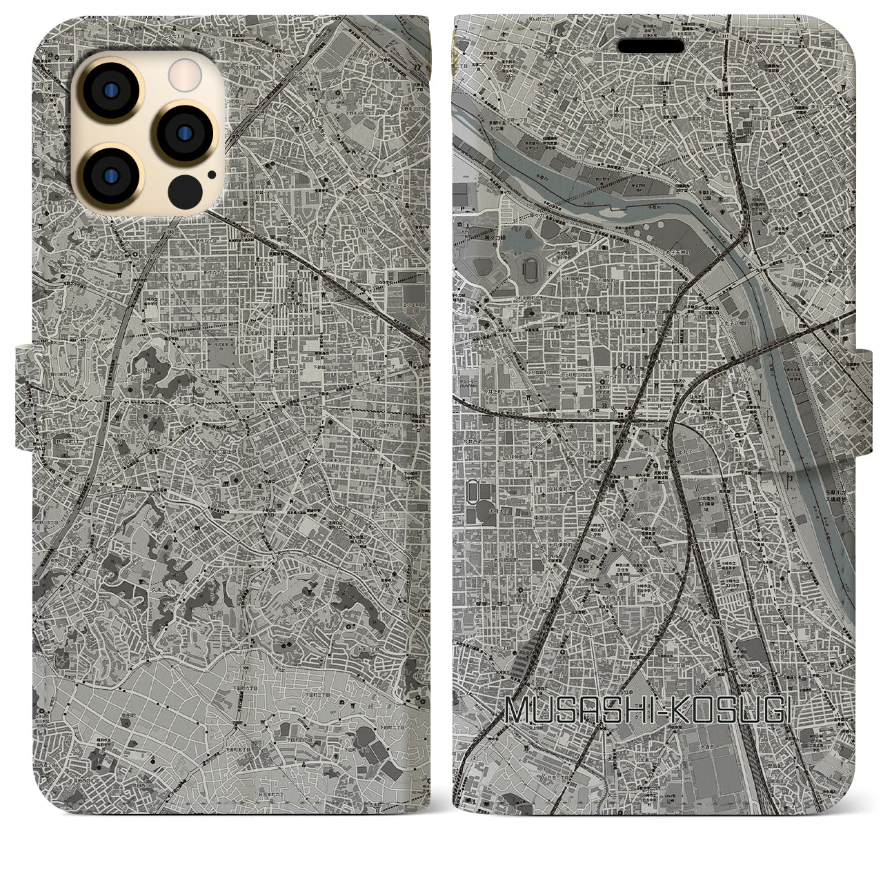 【武蔵小杉】地図柄iPhoneケース（手帳両面タイプ・モノトーン）iPhone 12 Pro Max 用