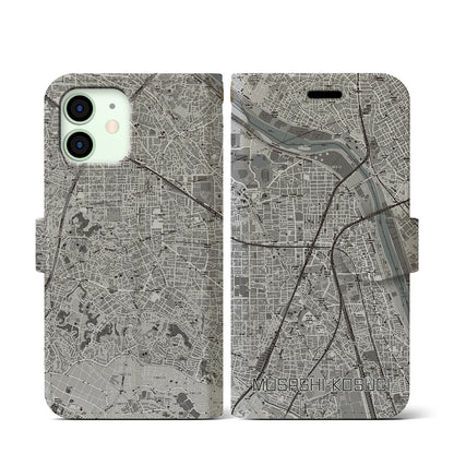 【武蔵小杉（神奈川県）】地図柄iPhoneケース（手帳タイプ）モノトーン・iPhone 12 mini 用