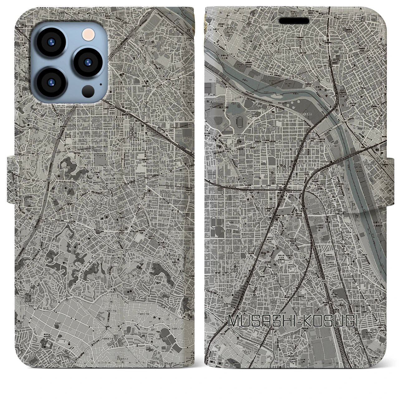 【武蔵小杉】地図柄iPhoneケース（手帳両面タイプ・モノトーン）iPhone 13 Pro Max 用