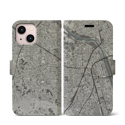 【武蔵小杉（神奈川県）】地図柄iPhoneケース（手帳タイプ）モノトーン・iPhone 13 mini 用