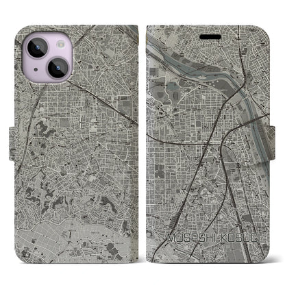 【武蔵小杉（神奈川県）】地図柄iPhoneケース（手帳タイプ）モノトーン・iPhone 14 用