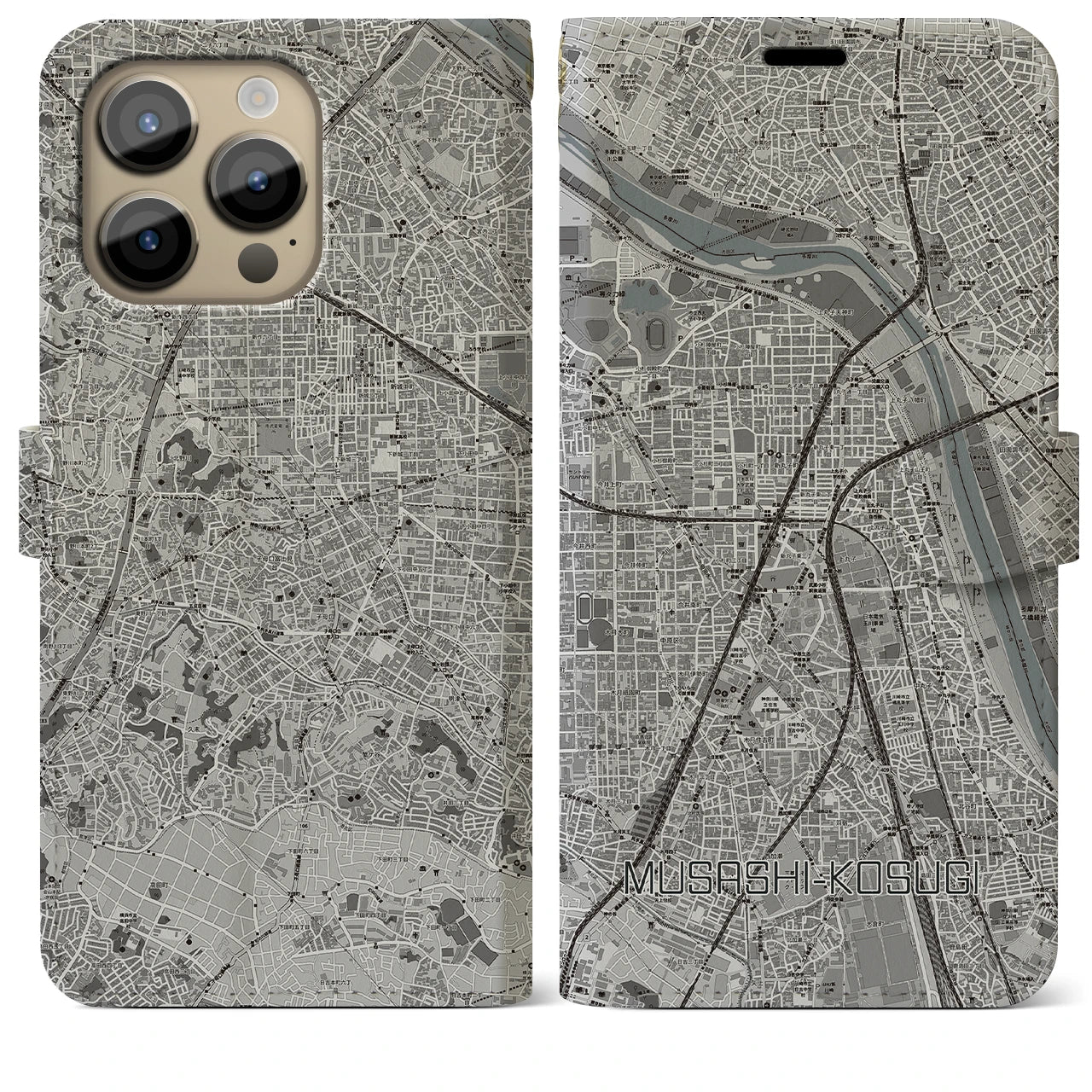 【武蔵小杉】地図柄iPhoneケース（手帳両面タイプ・モノトーン）iPhone 14 Pro Max 用