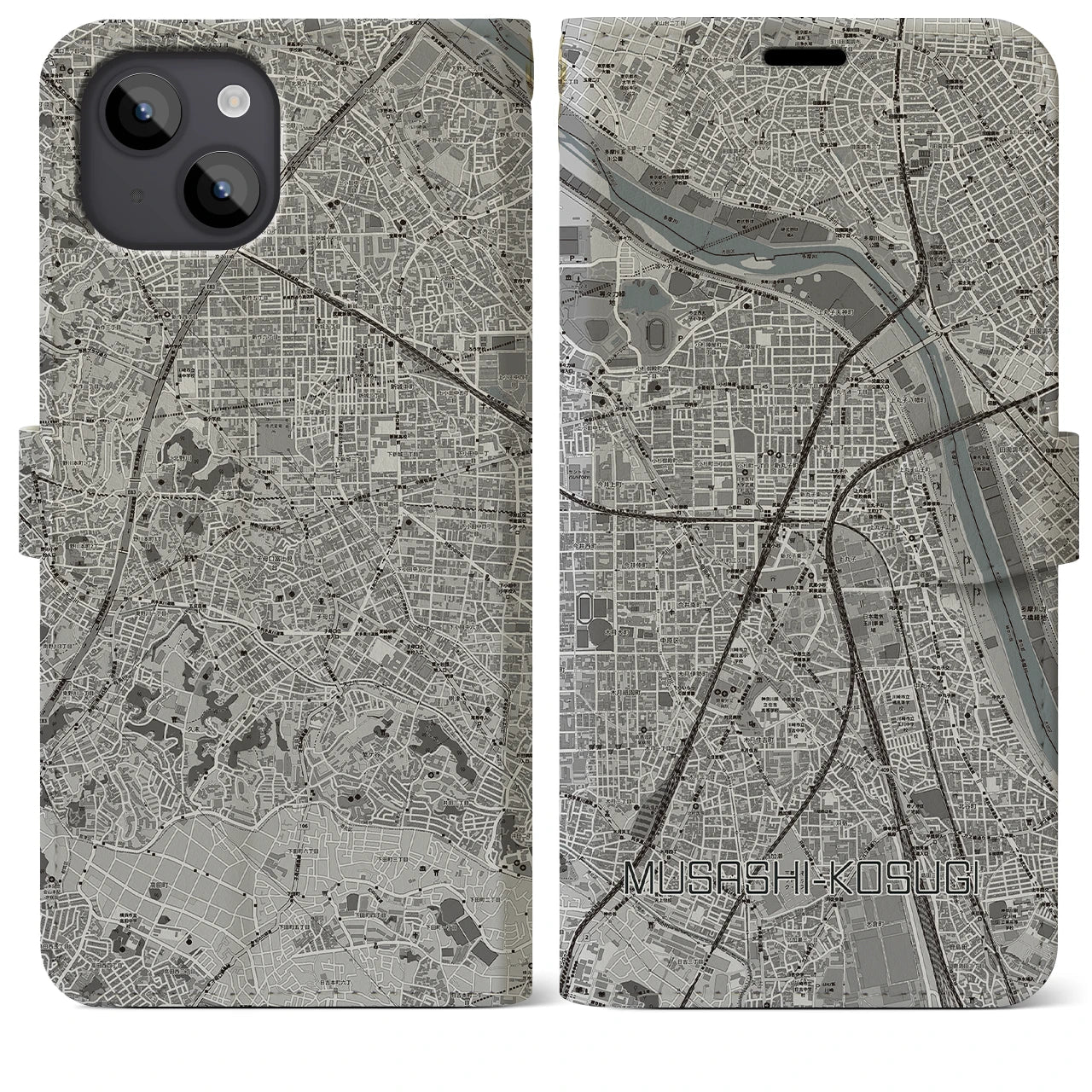 【武蔵小杉】地図柄iPhoneケース（手帳両面タイプ・モノトーン）iPhone 14 Plus 用