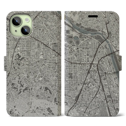 【武蔵小杉（神奈川県）】地図柄iPhoneケース（手帳タイプ）モノトーン・iPhone 15 用