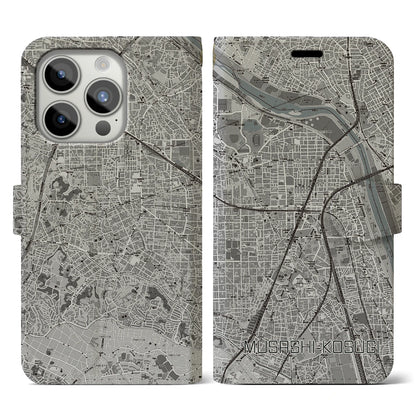 【武蔵小杉（神奈川県）】地図柄iPhoneケース（手帳タイプ）モノトーン・iPhone 15 Pro 用