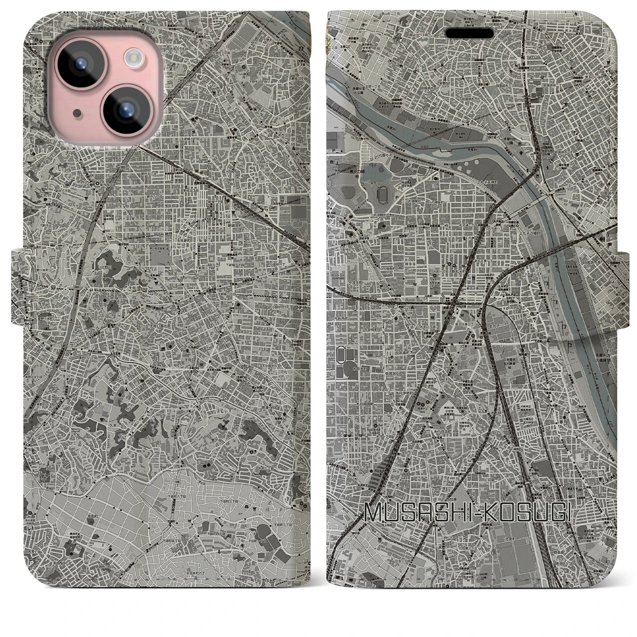 【武蔵小杉】地図柄iPhoneケース（手帳両面タイプ・モノトーン）iPhone 15 Plus 用