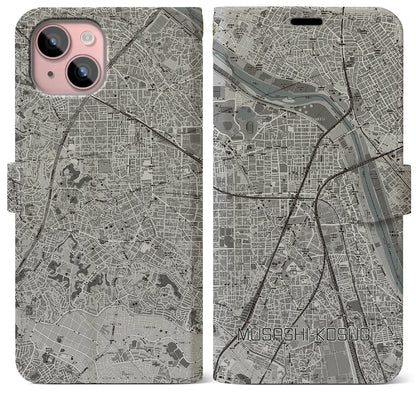 【武蔵小杉（神奈川県）】地図柄iPhoneケース（手帳タイプ）モノトーン・iPhone 15 Plus 用