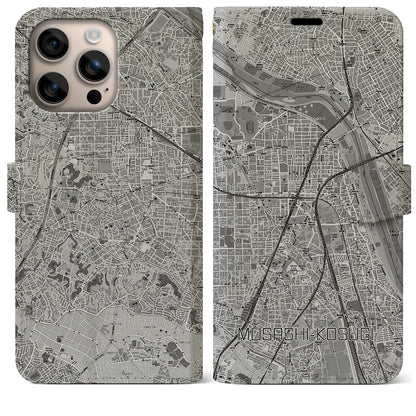 【武蔵小杉（神奈川県）】地図柄iPhoneケース（手帳タイプ）モノトーン・iPhone 16 Plus 用