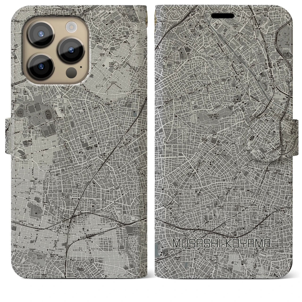 【武蔵小山】地図柄iPhoneケース（手帳両面タイプ・モノトーン）iPhone 14 Pro Max 用