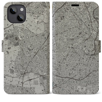 【武蔵小山（東京都）】地図柄iPhoneケース（手帳タイプ）モノトーン・iPhone 14 Plus 用