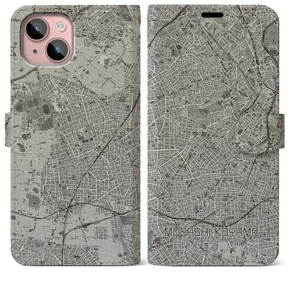 【武蔵小山（東京都）】地図柄iPhoneケース（手帳タイプ）モノトーン・iPhone 15 Plus 用