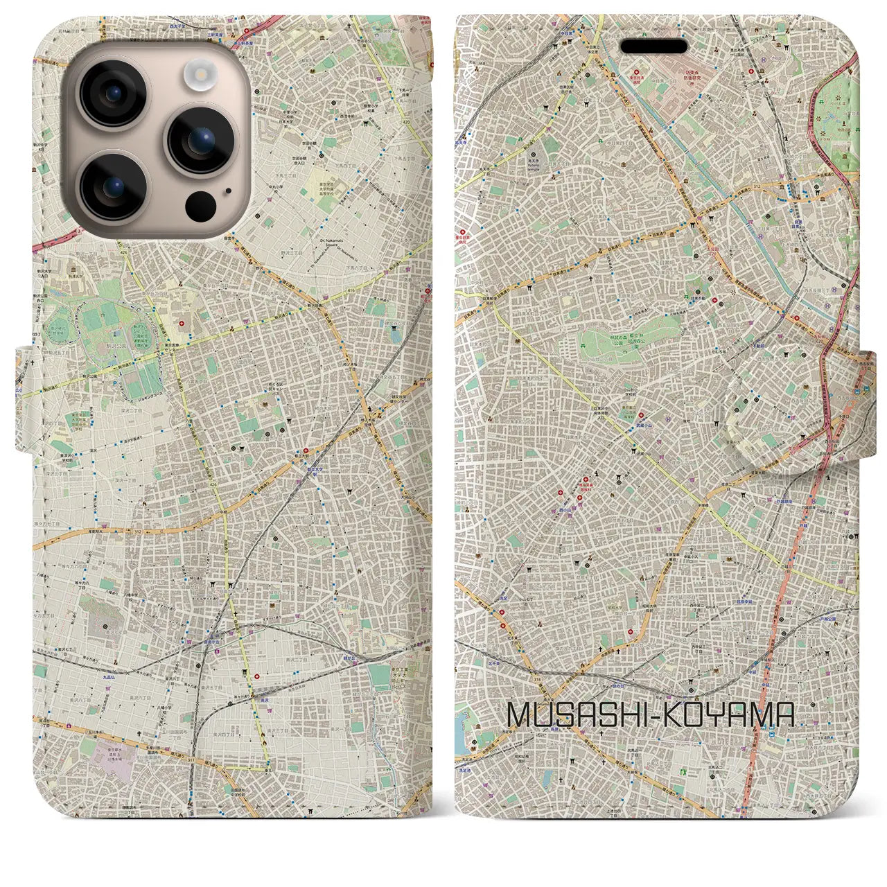 【武蔵小山（東京都）】地図柄iPhoneケース（手帳タイプ）ナチュラル・iPhone 16 Plus 用