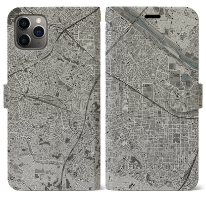 【武蔵中原（神奈川県）】地図柄iPhoneケース（手帳タイプ）モノトーン・iPhone 11 Pro Max 用