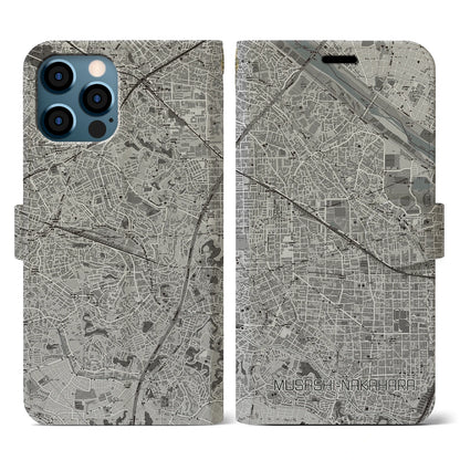 【武蔵中原（神奈川県）】地図柄iPhoneケース（手帳タイプ）モノトーン・iPhone 12 / 12 Pro 用