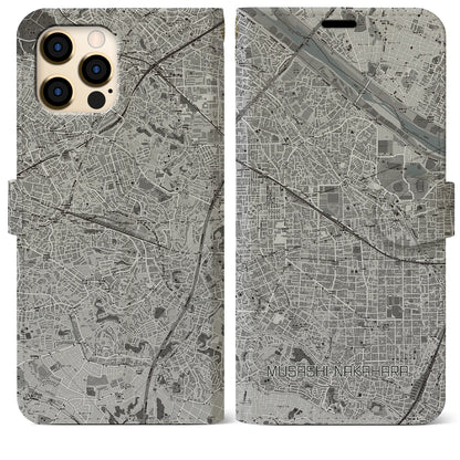 【武蔵中原（神奈川県）】地図柄iPhoneケース（手帳タイプ）モノトーン・iPhone 12 Pro Max 用