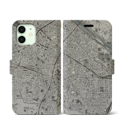 【武蔵中原（神奈川県）】地図柄iPhoneケース（手帳タイプ）モノトーン・iPhone 12 mini 用