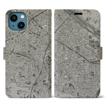 【武蔵中原（神奈川県）】地図柄iPhoneケース（手帳タイプ）モノトーン・iPhone 13 用