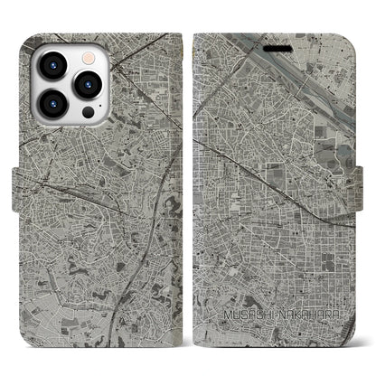 【武蔵中原（神奈川県）】地図柄iPhoneケース（手帳タイプ）モノトーン・iPhone 13 Pro 用