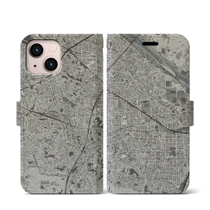 【武蔵中原（神奈川県）】地図柄iPhoneケース（手帳タイプ）モノトーン・iPhone 13 mini 用